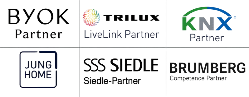 Logos von Partnerunternehmen: BYOK, Trilux LiveLink, KNX, Jung Home, SSS Siedle, Brumberg Competence.